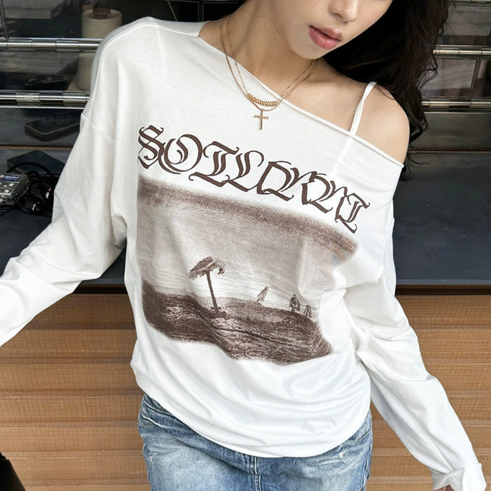 Zara BF Style Summer Hip Hop Print Loose Long Sleeve Off Shoulder Tshirt